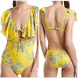 SAM EDELMAN Ruffle Front Swimsuit in Yellow Floral S